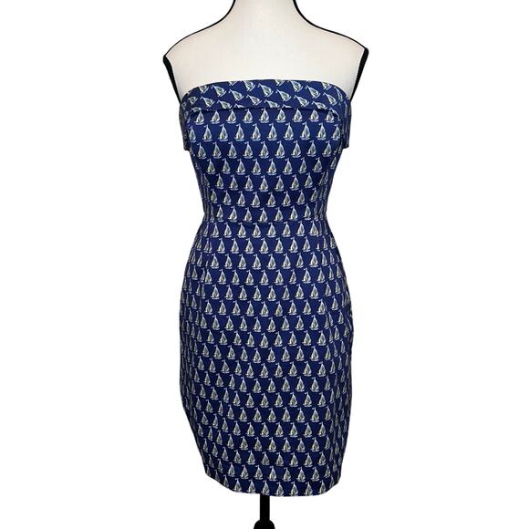 Vineyard Vines Cotton Boating Dress Navy Sailboats Strapless Sheath Size 2 - Picture 2 of 13